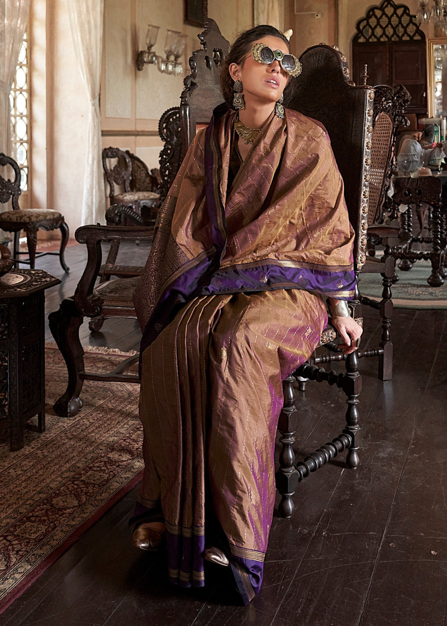 Pure Banarasi Tussar Silk Mud Brown & Violet Purple Handloom Saree