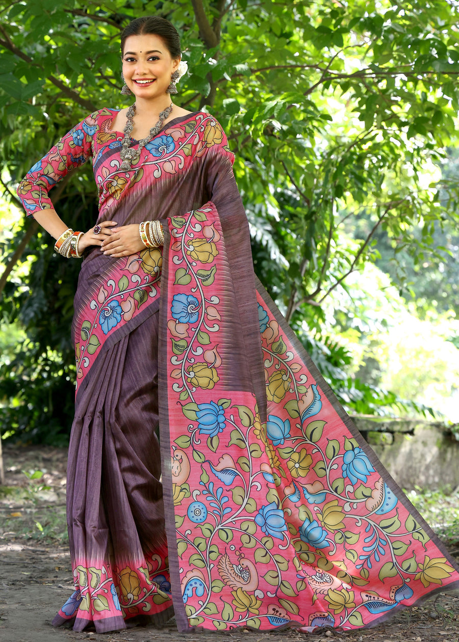 Brown & Red Cotton Silk Kalamkari Saree