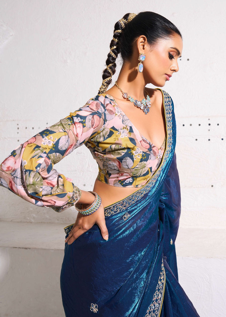 Crushed Tissue Royal Blue Embroidered Saree & Printed Blouse