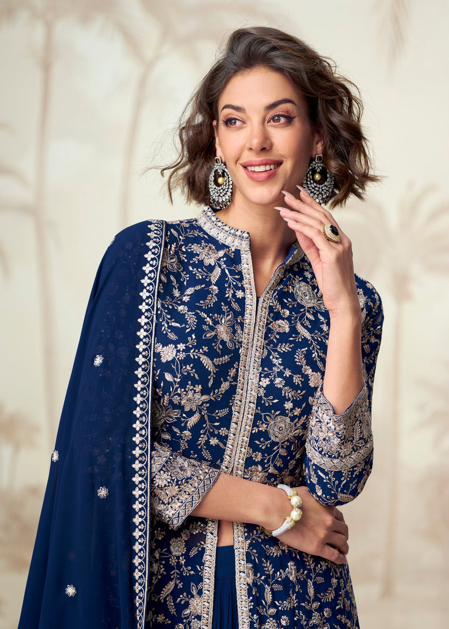 Royal Blue Readymade Jacket Style Anarkali Georgette Suit Set