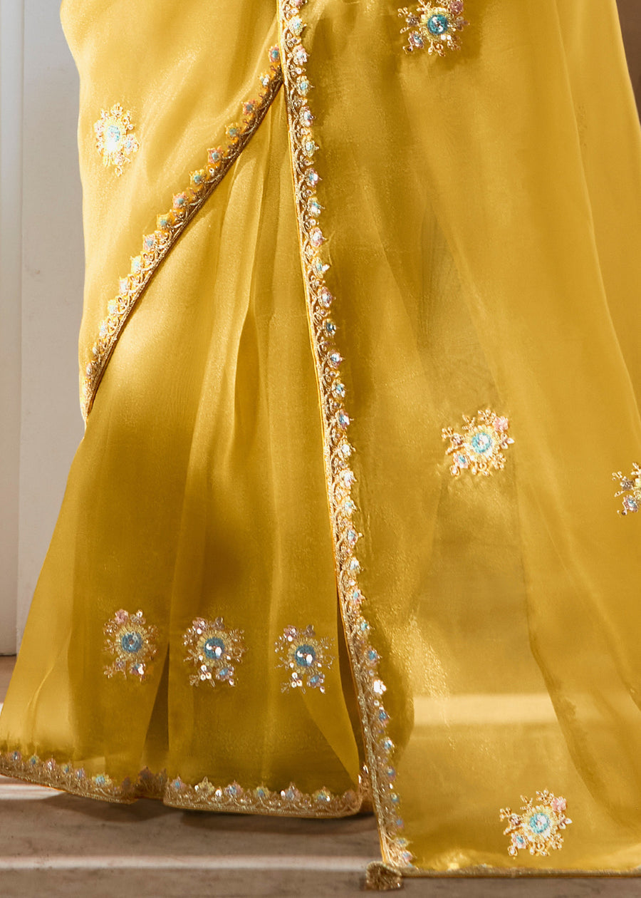 Yellow Organza Tissue Silk Embroidered Saree & Blue Printed Blouse