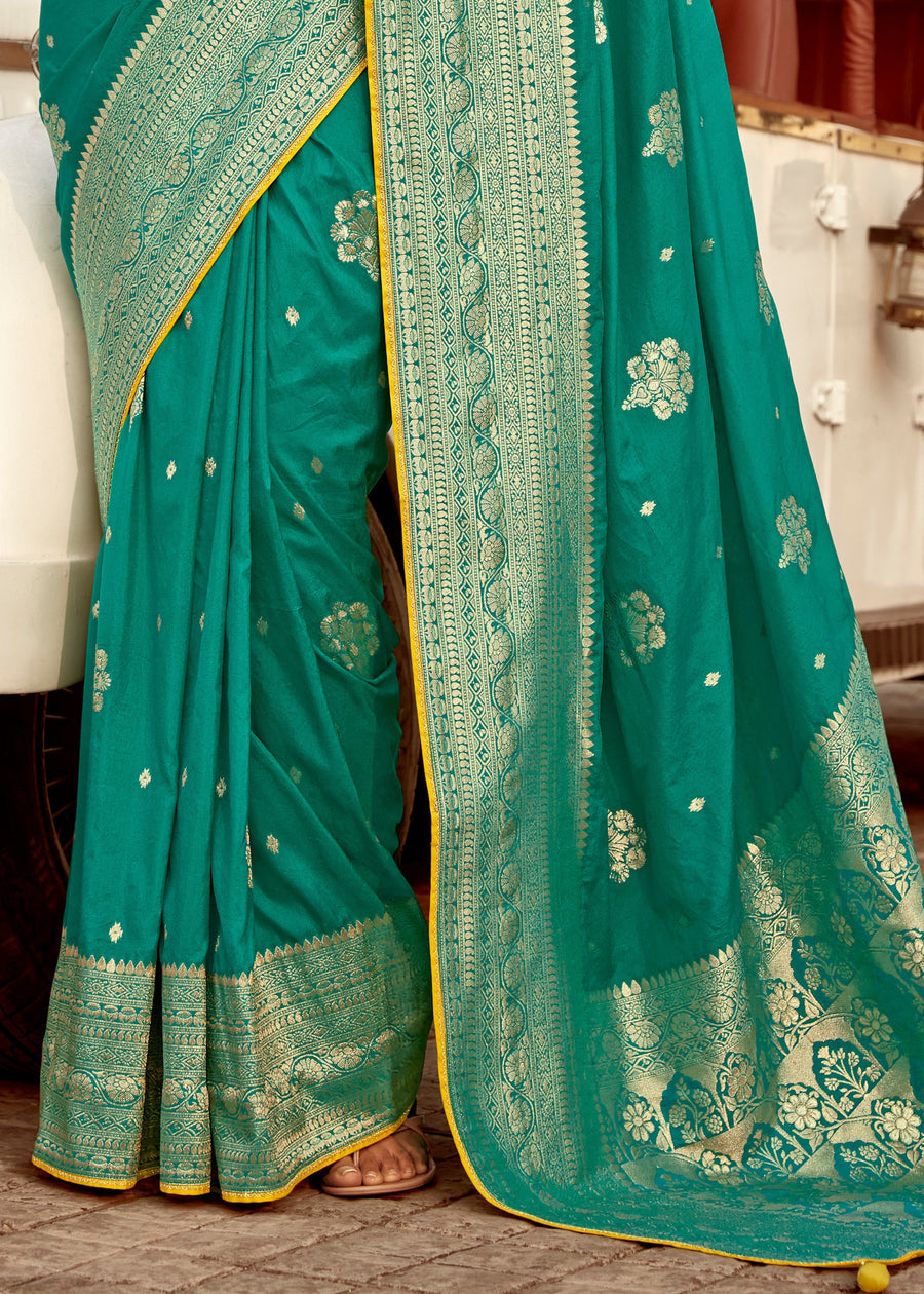 Dola Banarasi Silk Jade Green Saree With Contrast Yellow Embroidered Blouse