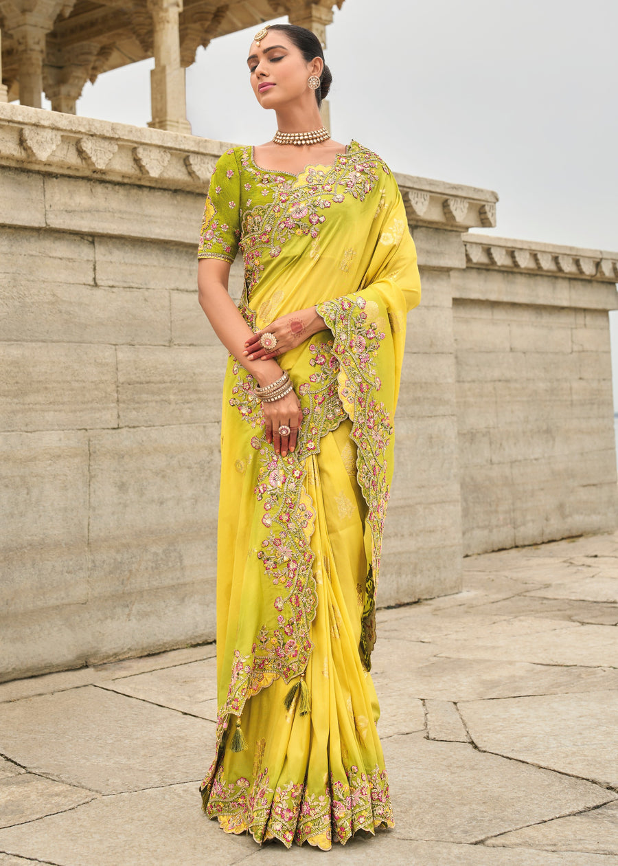 Banarasi Viscose Tissue Silk Yellow & Green Ombre Handloom Embroidered Saree With Cut Work Border