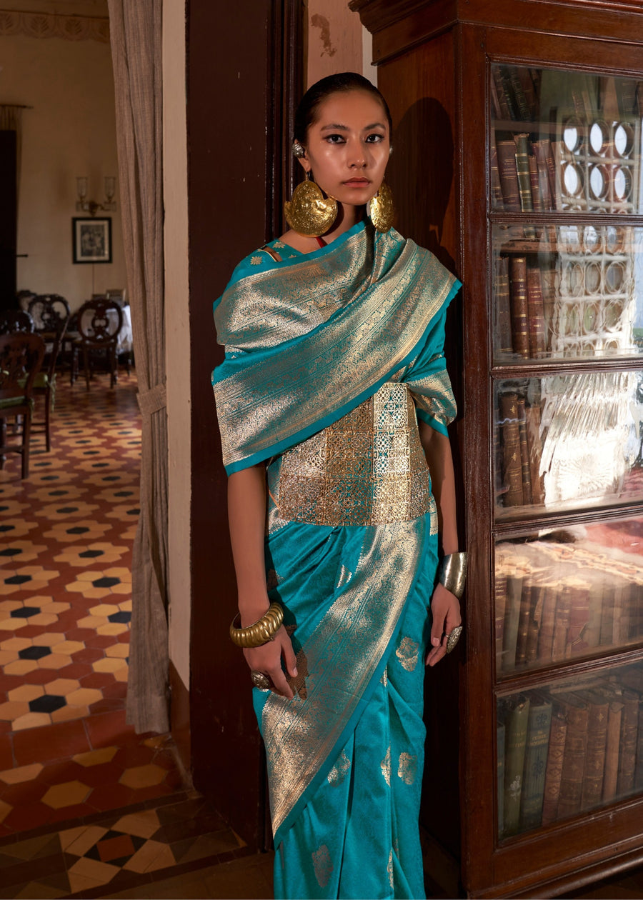 Soft Banarasi Silk Sapphire Blue Handloom Weaving Saree