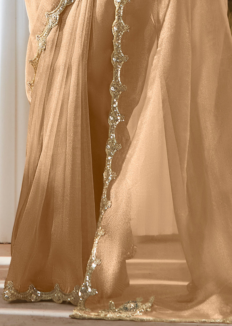 Beige Organza Tissue Silk Embroidered Saree & Green Printed Blouse