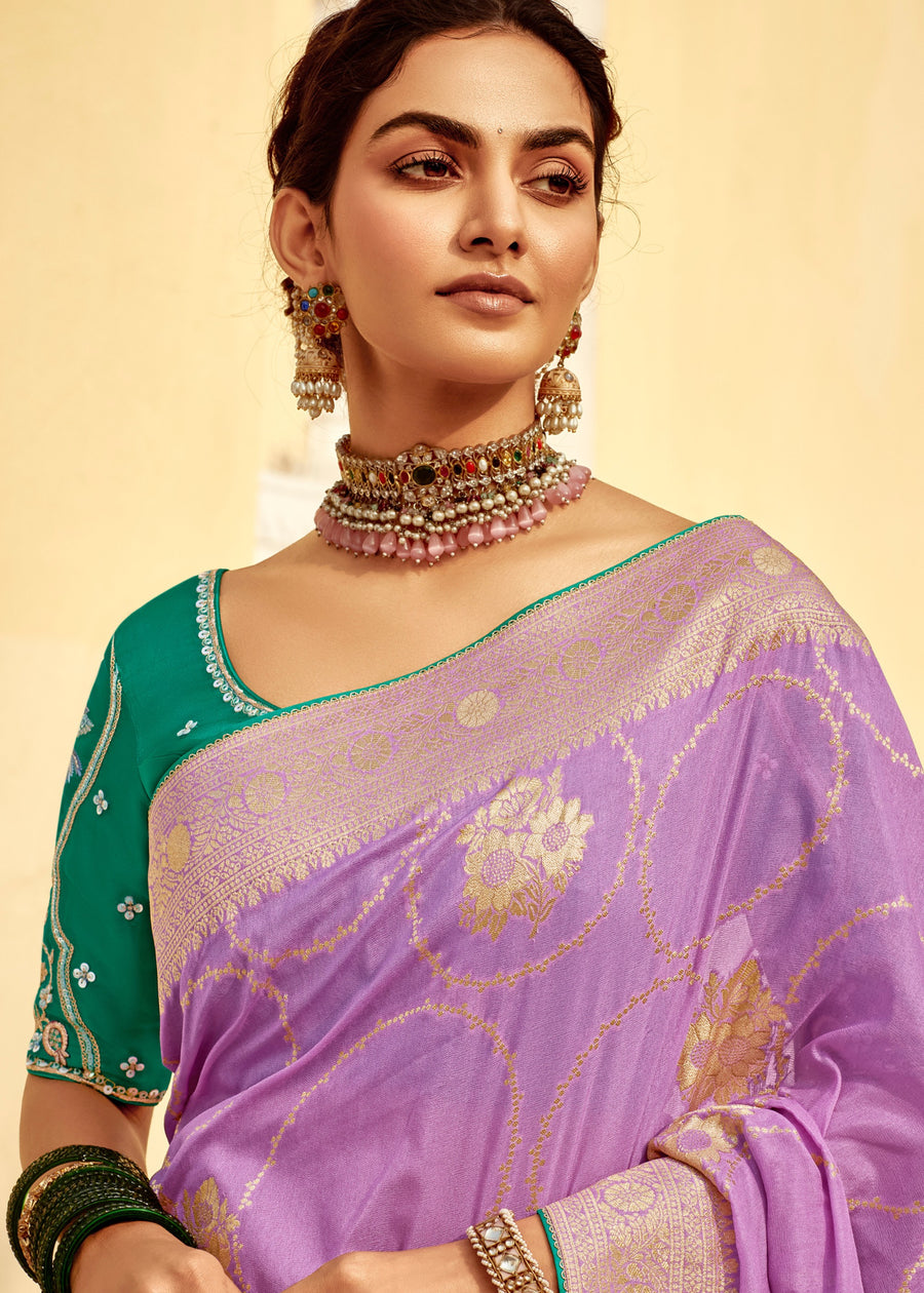 Dola Banarasi Silk Purple Saree With Contrast Green Embroidered Blouse