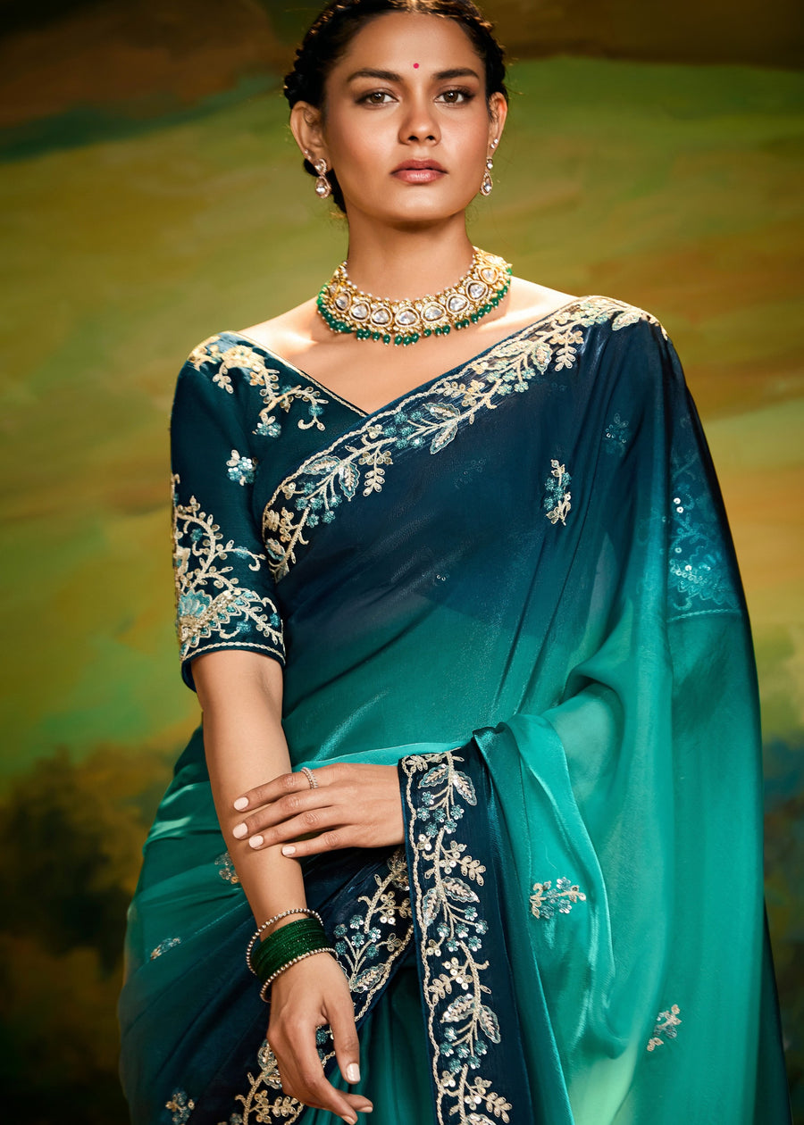 Satin Tissue Teal Blue Ombre Embroidered Saree & Contrast Blouse