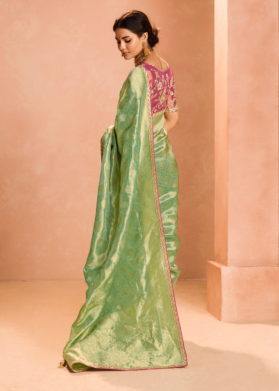 Pure Banarasi Tissue Silk Embroidered Light Green Handloom Saree & Contrast Pink Blouse