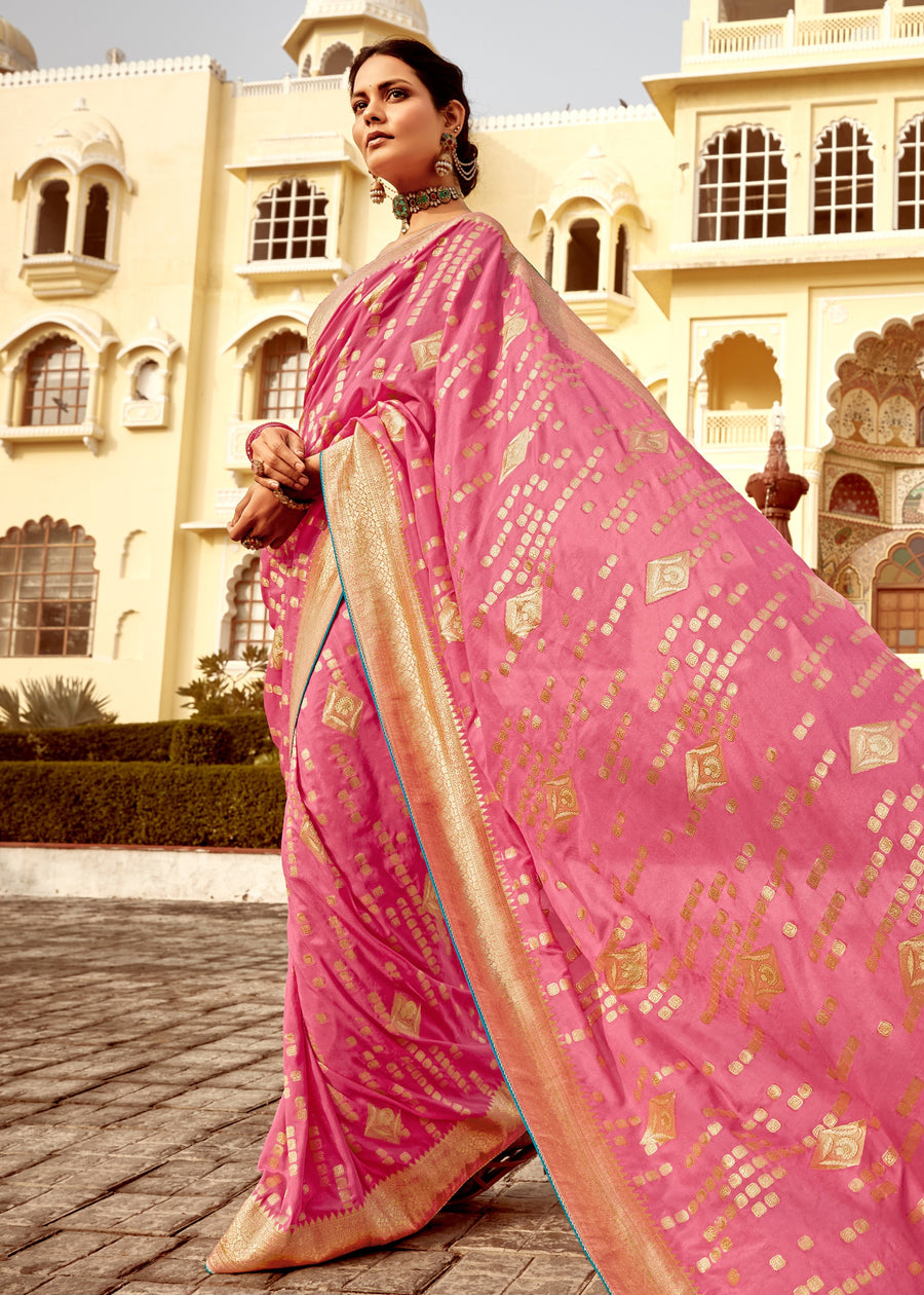 Dola Banarasi Silk Pink Saree With Contrast Blue Embroidered Blouse