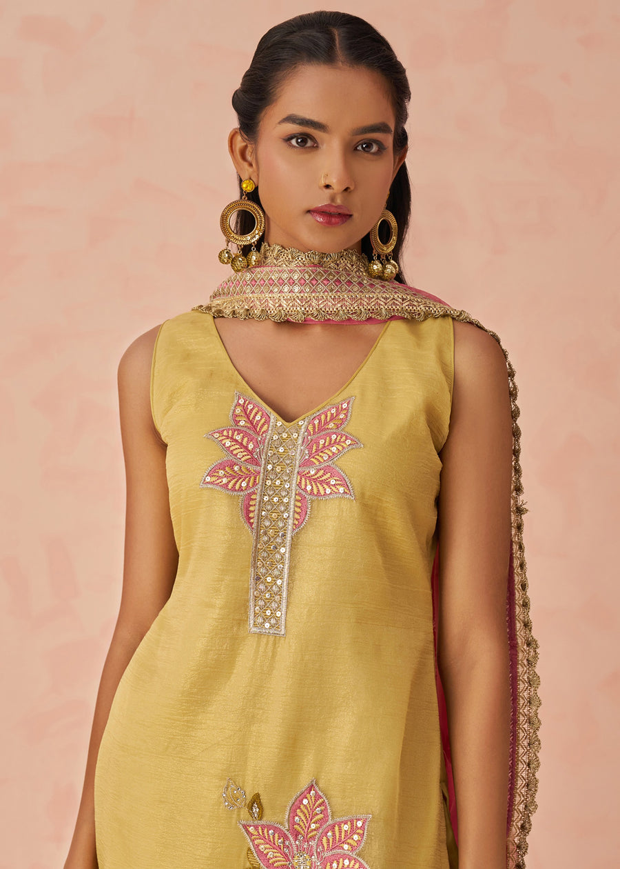 Yellow Readymade Crushed Silk Pant Style Suit Set
