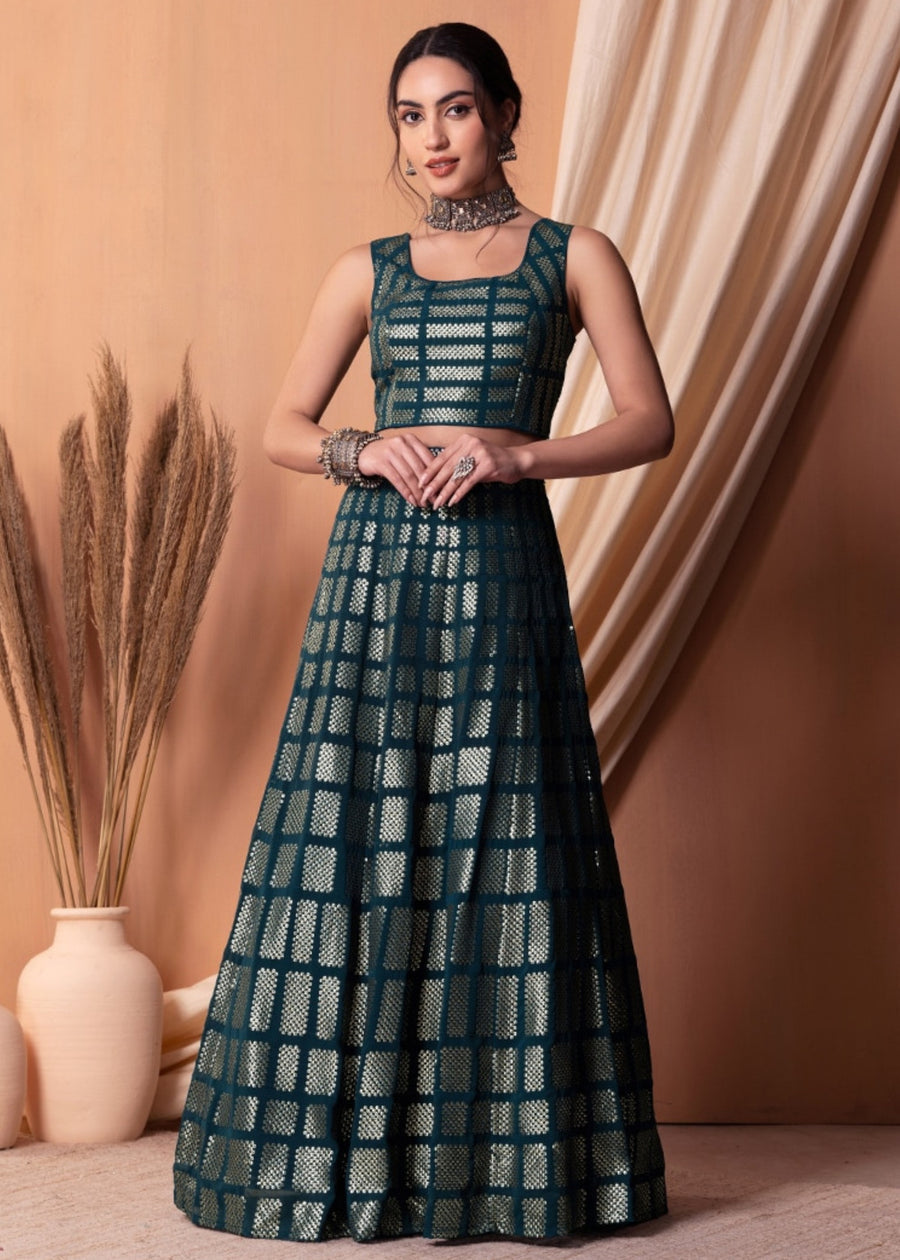 Teal Blue Sequins Work Georgette Bridesmaids Lehenga Choli