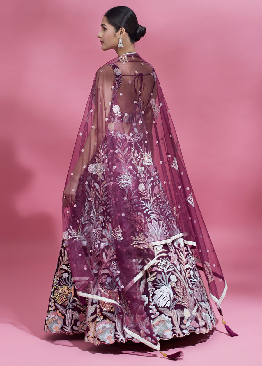 Wine Red Lehenga Choli With Sequins Embroidery