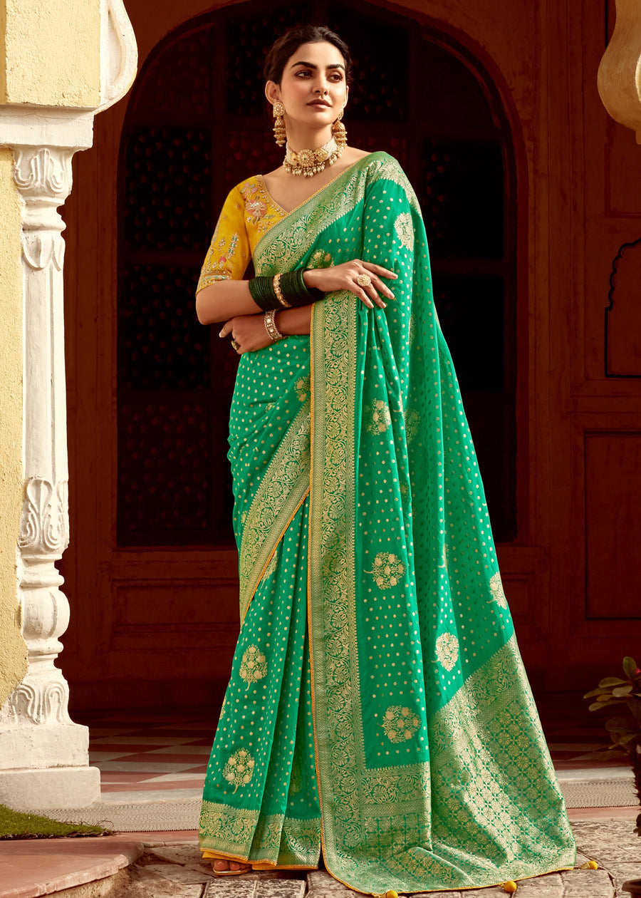 Dola Banarasi Silk Emerald Green Saree With Contrast Yellow Embroidered Blouse