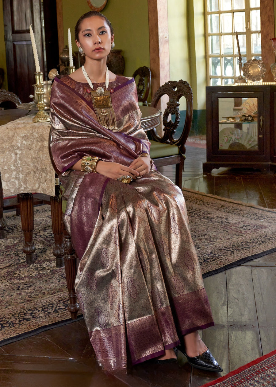 Silver & Wine Violet Zari Work Handloom Weaving Kanjivaram Silk Saree