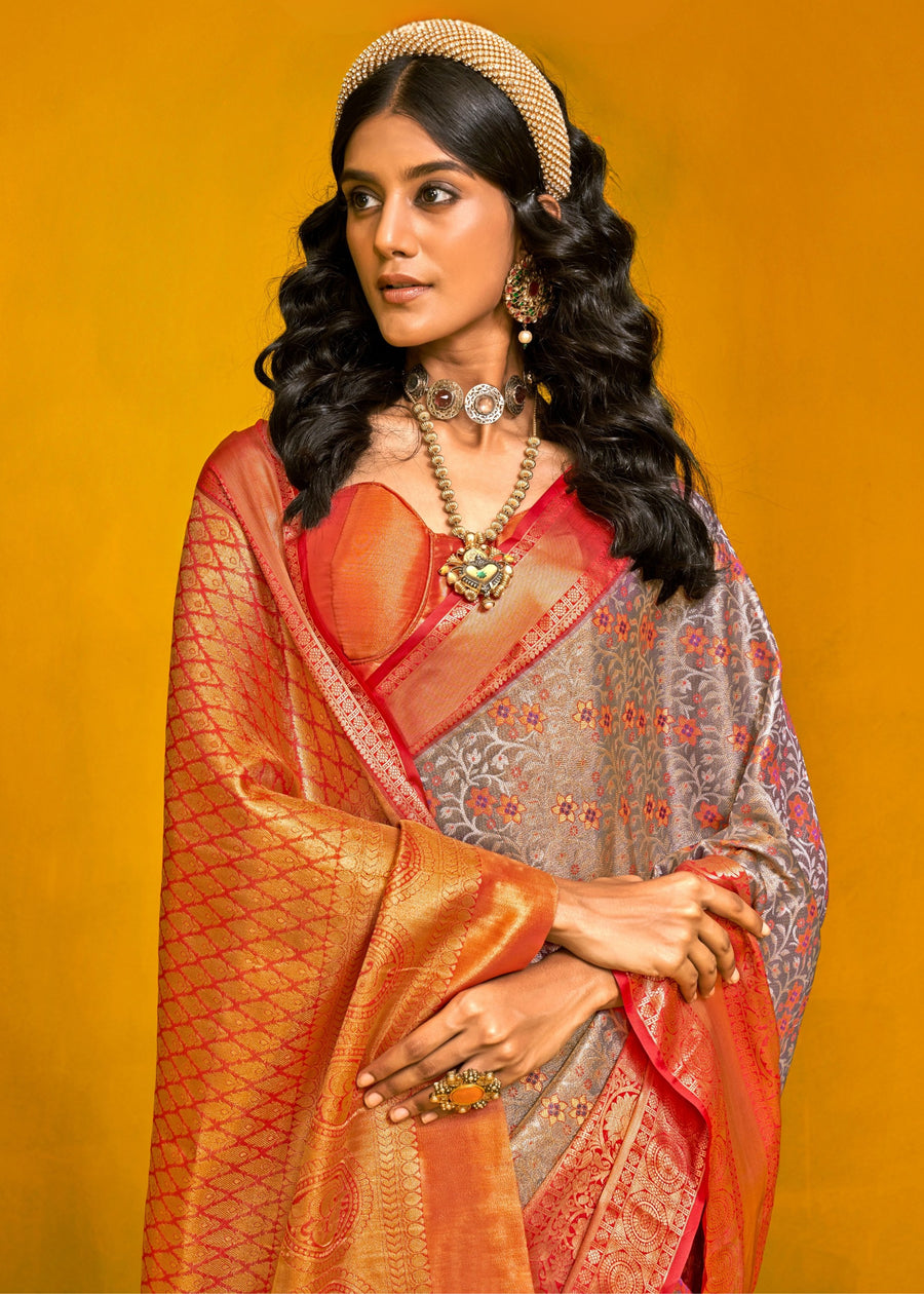 Grey and Red Kanjivaram Silk Handloom Saree