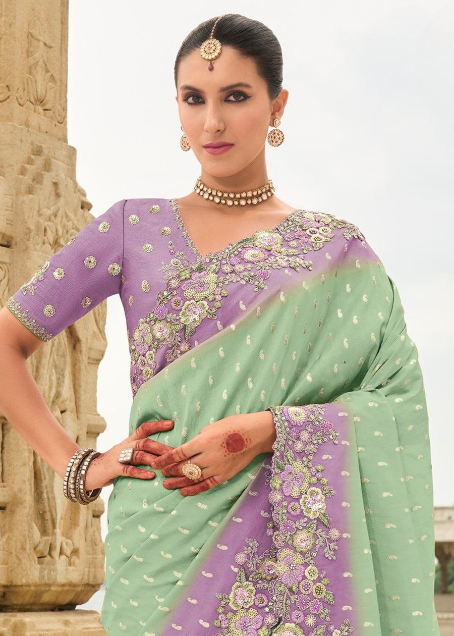 Mint Green and Purple Soft Silk Fancy Saree with Embroidery Work