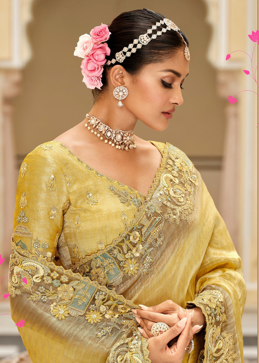 Yellow Soft Banarasi Silk Embroidered Saree