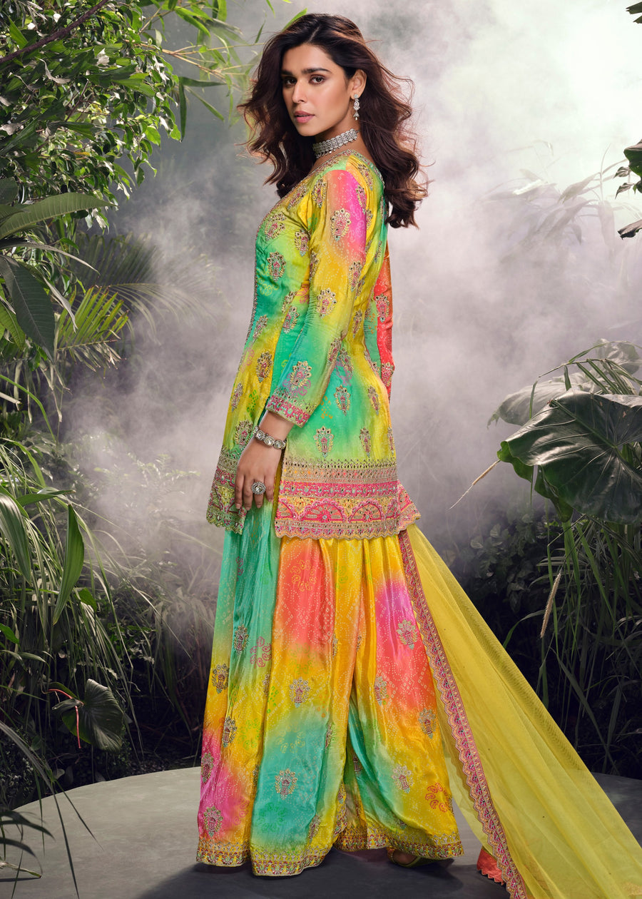 Yellow Multicolor Readymade Chinon Silk Palazzo Suit Set