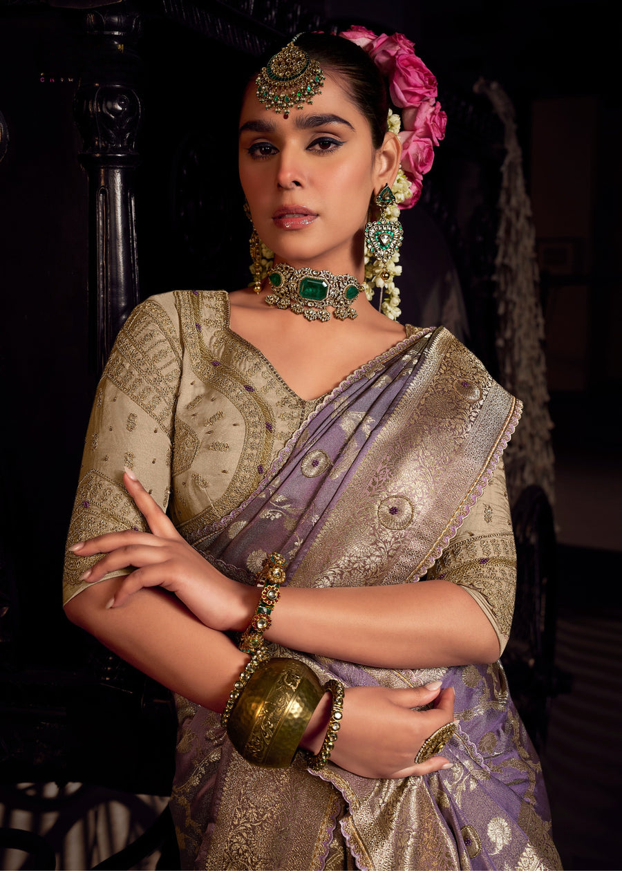 Banarasi Tissue Silk Purple Handloom Saree & Contrast Beige Embroidered Blouse
