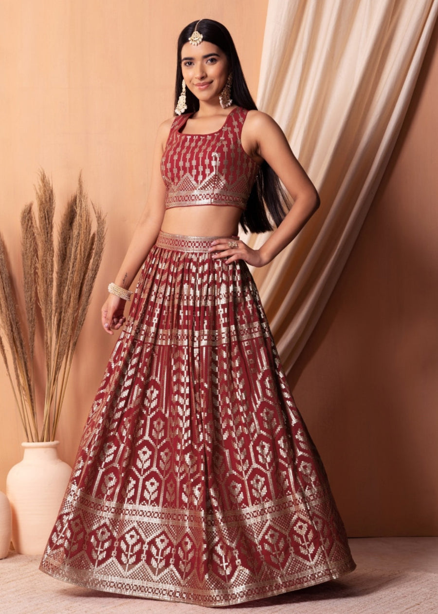 Maroon Red Sequins Work Georgette Bridesmaids Lehenga Choli