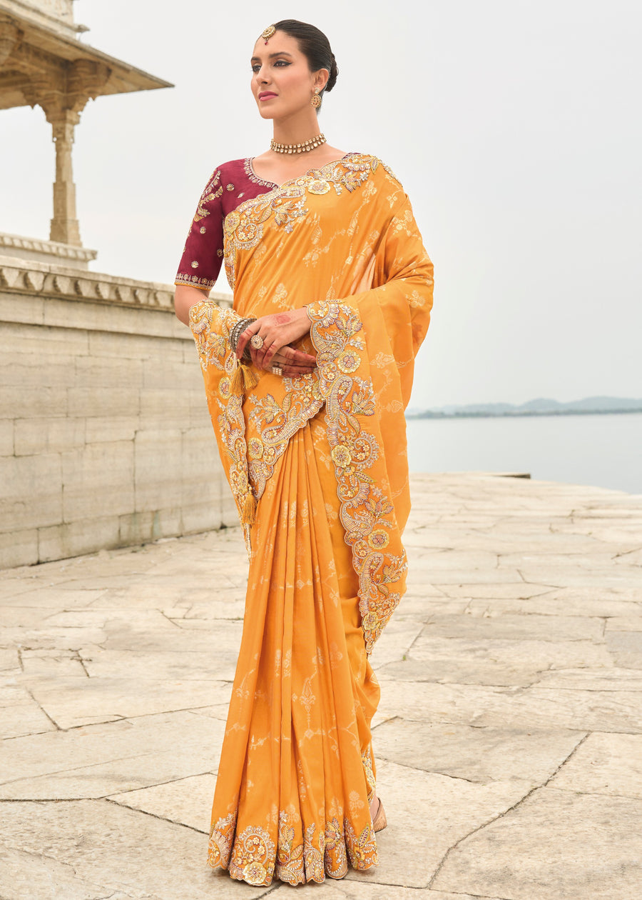Banarasi Viscose Tissue Silk Turmeric Yellow Handloom Embroidered Saree With Cut Work Border