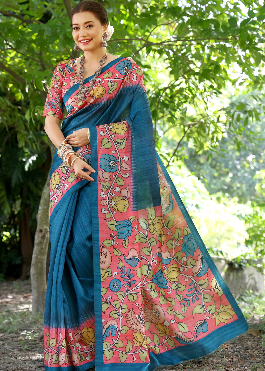 Royal Blue & Red Cotton Silk Kalamkari Saree