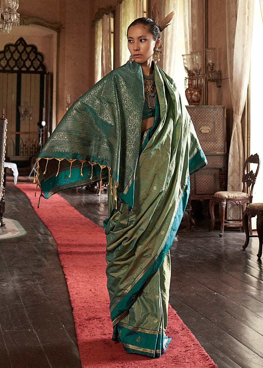Pure Banarasi Tussar Silk LIght & Dark Green Handloom Saree