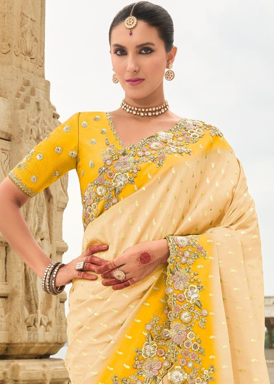 Cream and Yellow Soft Silk Fancy Saree with Embroidery Work