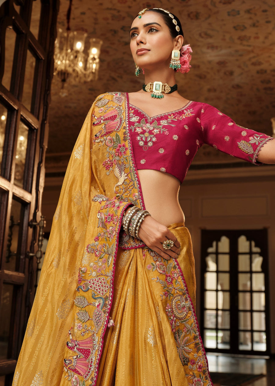 Mustard Yellow Soft Banarasi Silk Embroidered Saree & Contrast Red Blouse
