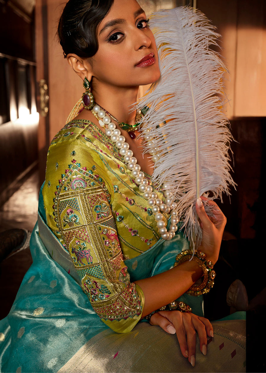 Paithani Tissue Silk Light Blue Handloom Saree & Contrast Lime Yellow Embroidered Blouse