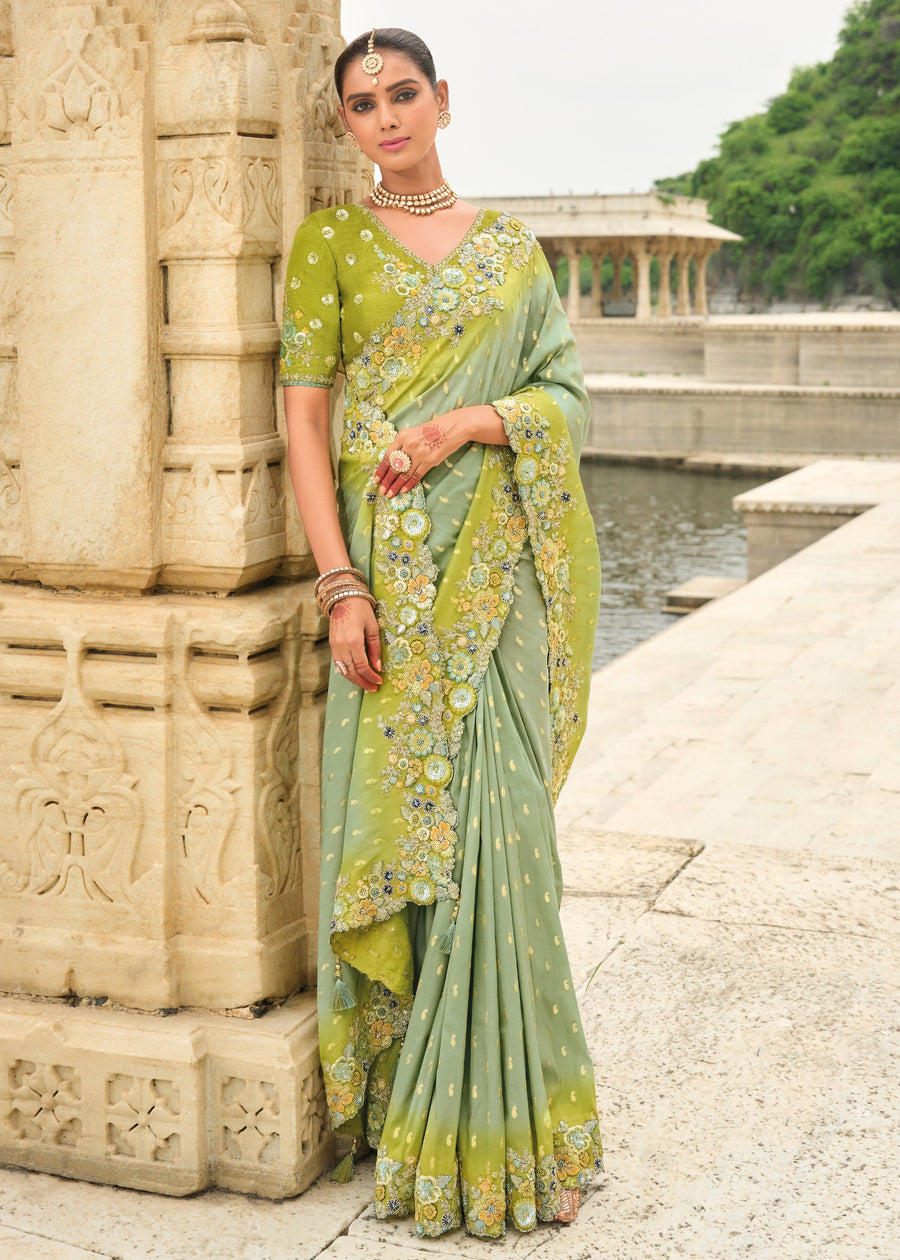 Banarasi Viscose Tissue Silk Pista Green Ombre Handloom Embroidered Saree With Cut Work Border