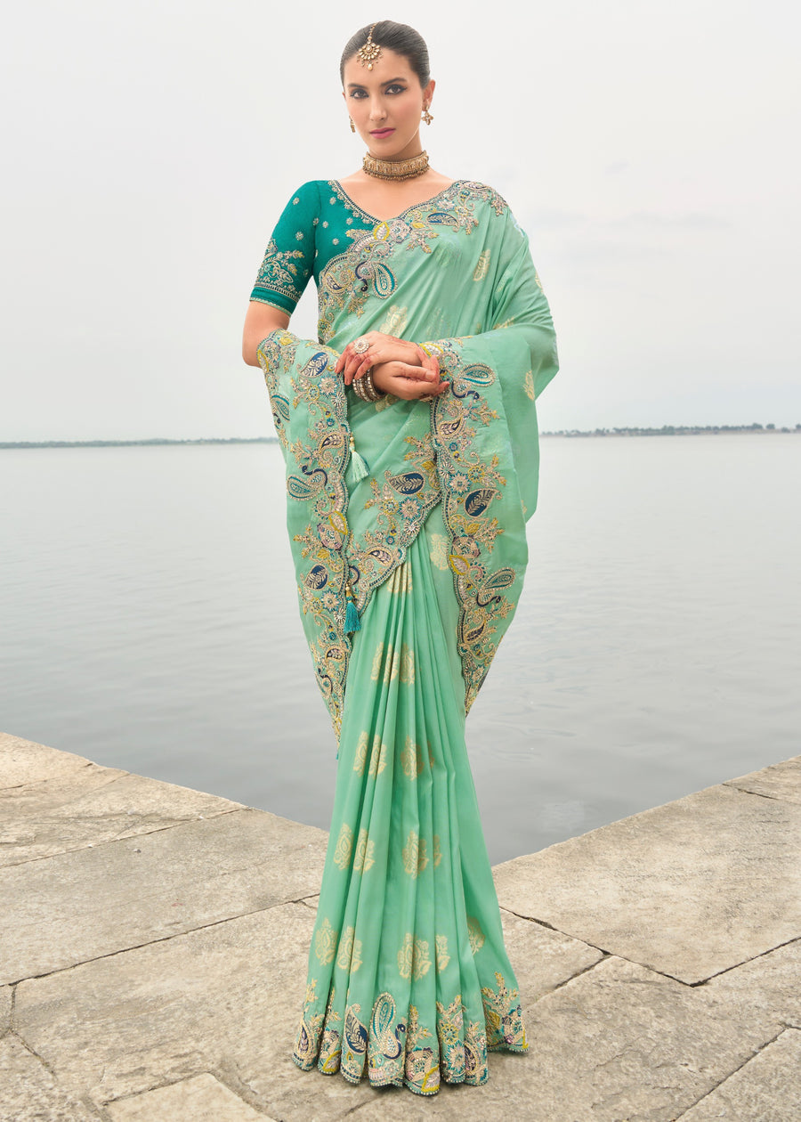 Banarasi Viscose Tissue Silk Mint Green Handloom Embroidered Saree With Cut Work Border