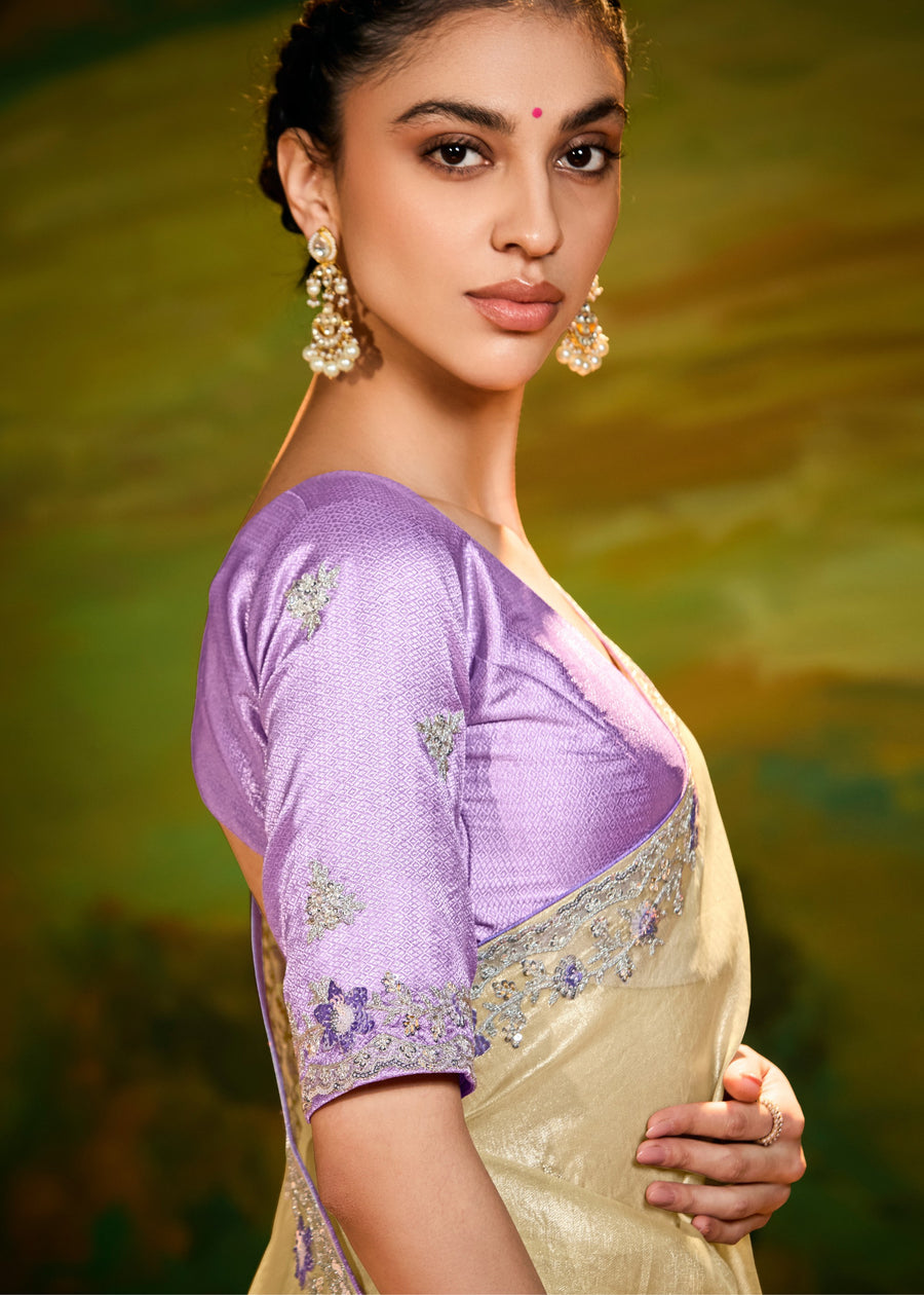 Crushed Satin Tissue Butter Yellow Embroidered Saree & Purple Blouse