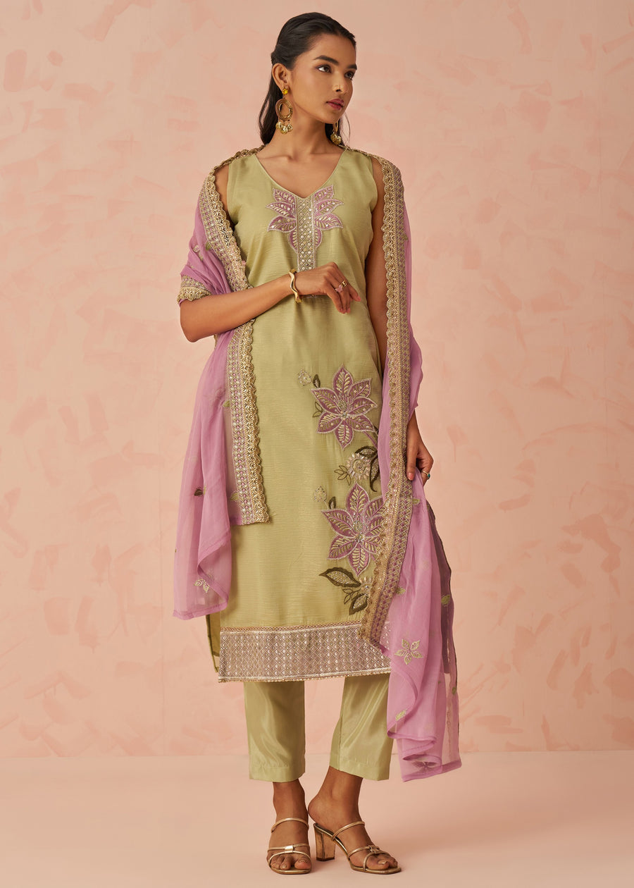 Green Readymade Crushed Silk Pant Style Suit Set