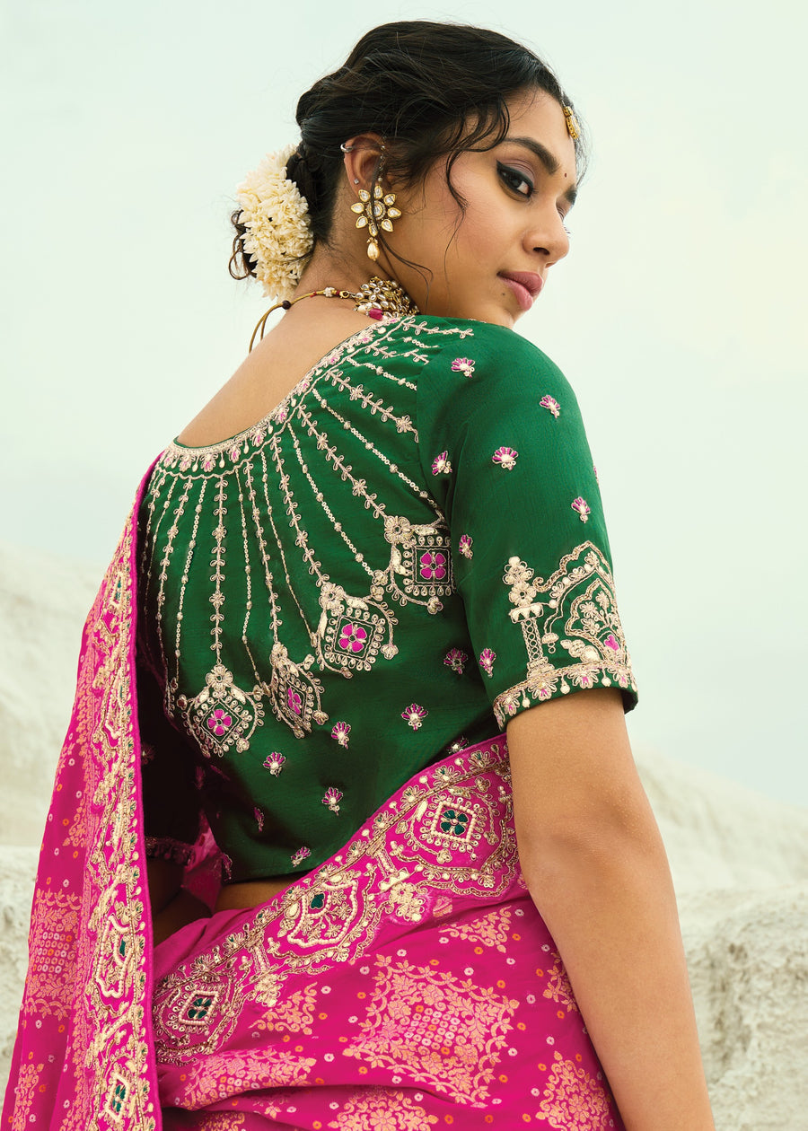 Rani Pink Khaddi Georgette Embroidered Bandhani Saree & Green Blouse