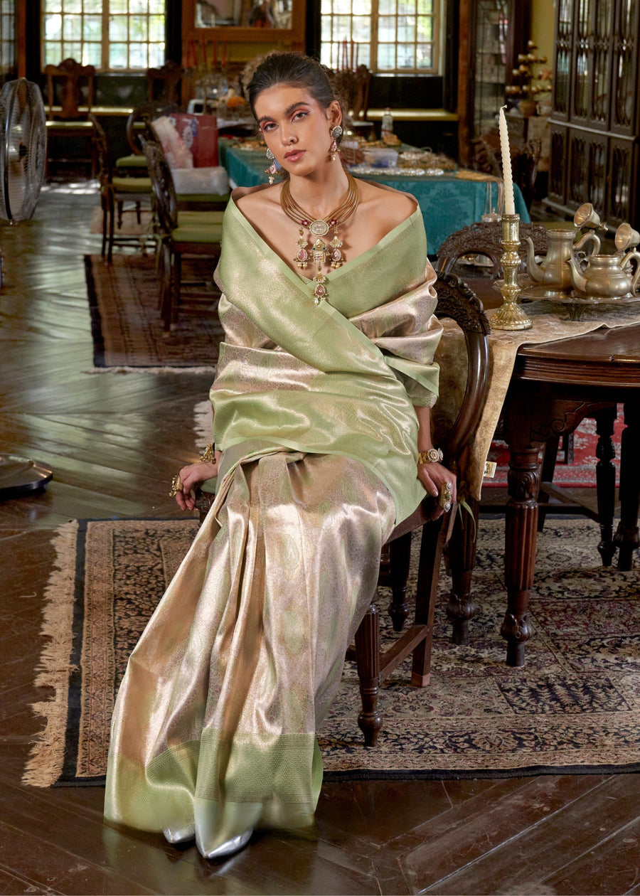 Pista Green & Gold Zari Work Handloom Weaving Kanjivaram Silk Saree
