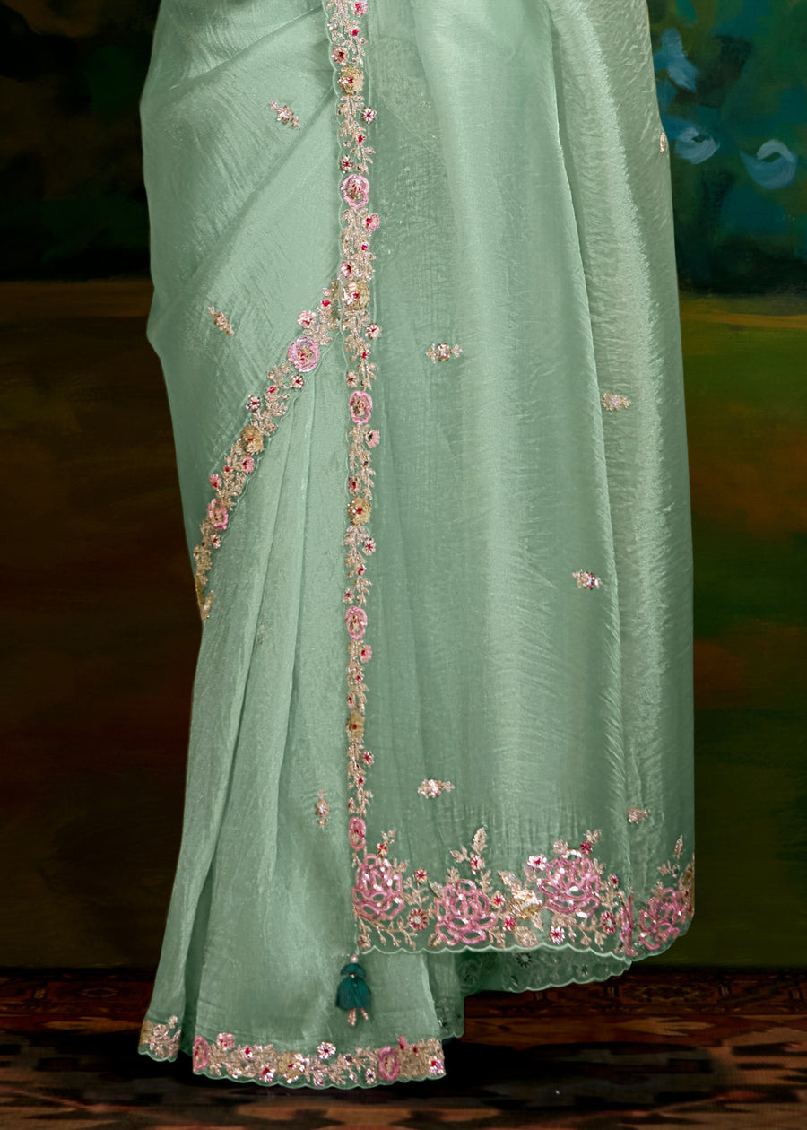Crushed Satin Tissue Mint Green Embroidered Saree & Contrast Blouse