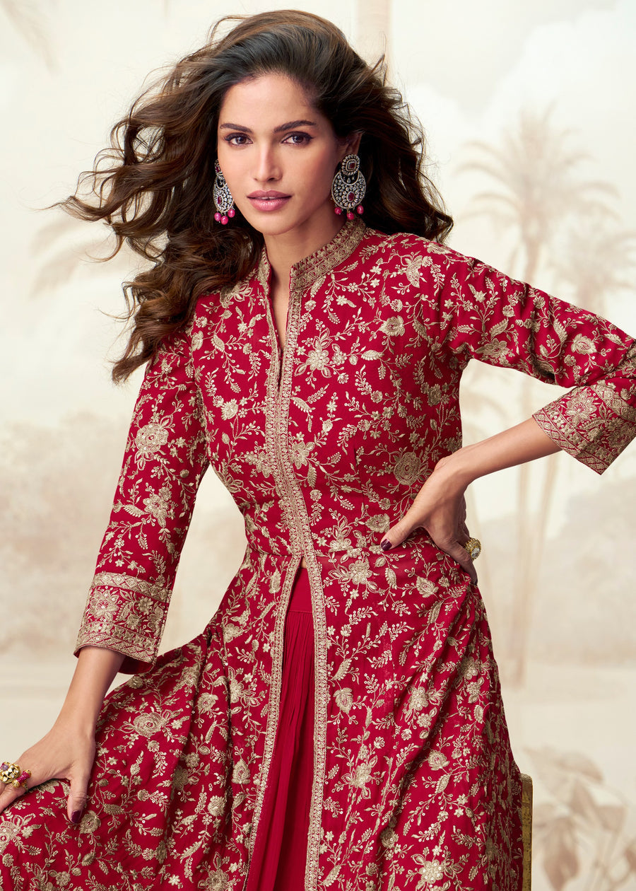 Red Readymade Jacket Style Anarkali Georgette Suit Set