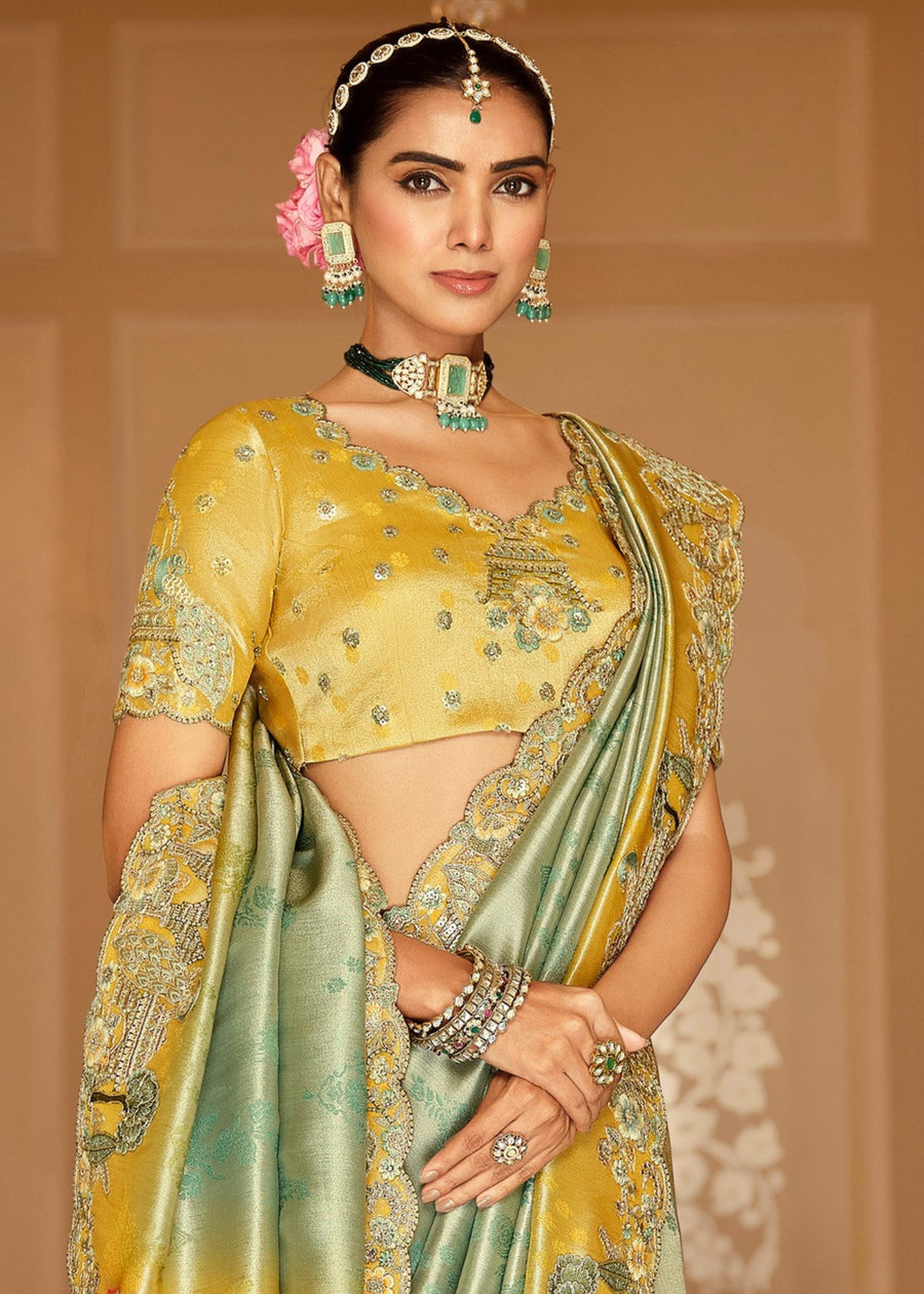 Ocean Blue & Yellow Ombre Soft Banarasi Silk Embroidered Saree