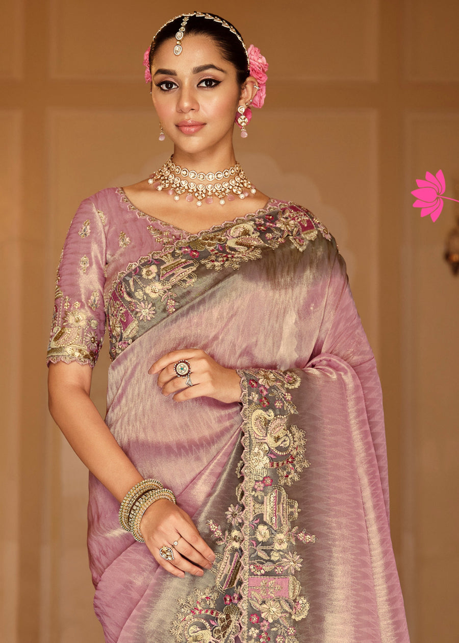 Pastel Pink Soft Banarasi Silk Embroidered Saree