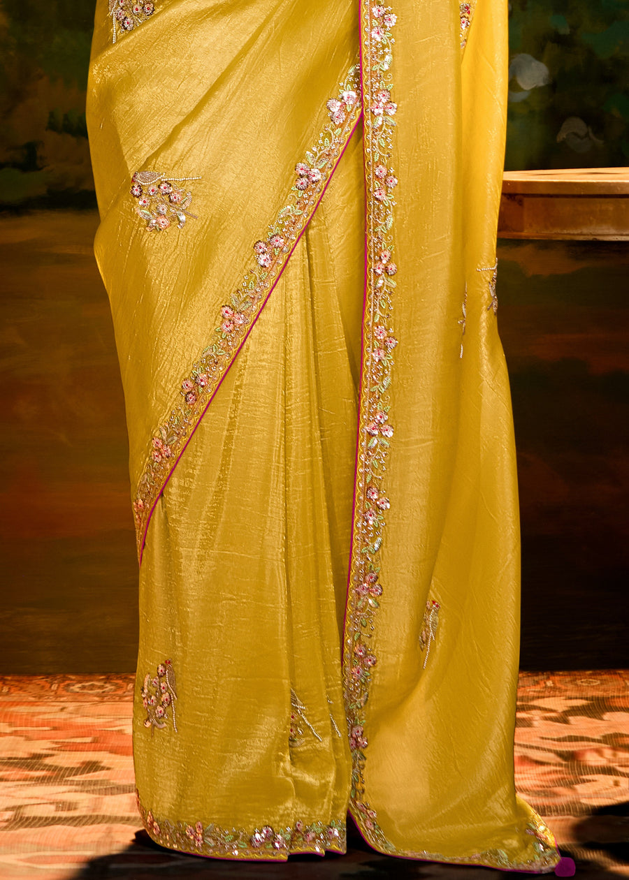 Crushed Satin Tissue Yellow Embroidered Saree & Red Blouse