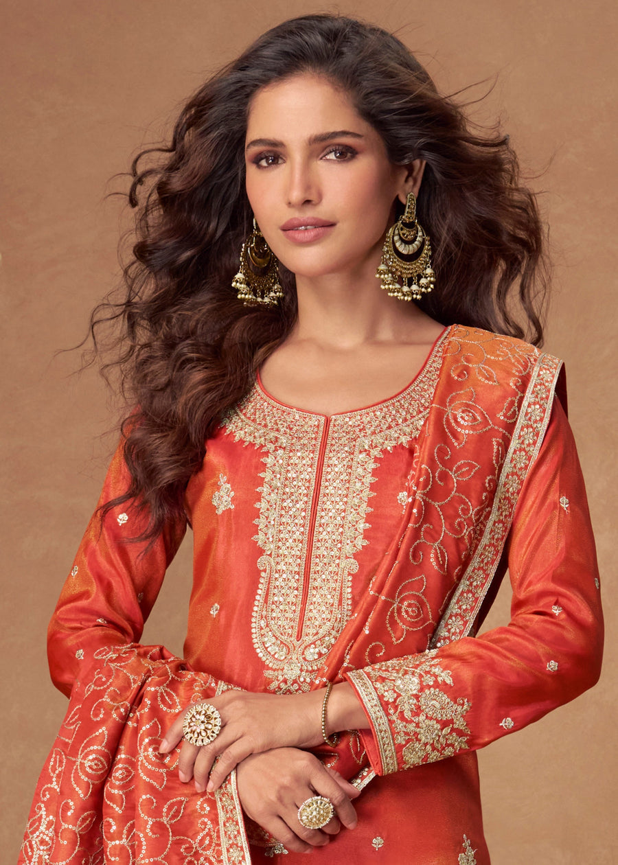 Orange Readymade Silk Suit Set With Dupatta
