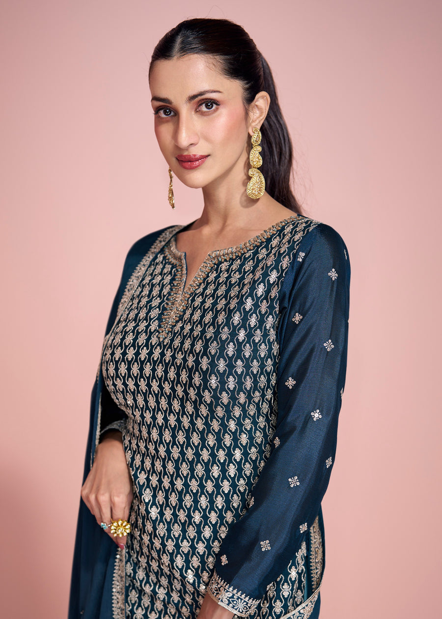 Peacock Blue Readymade Ombre Chinon Silk Sharara Suit Set