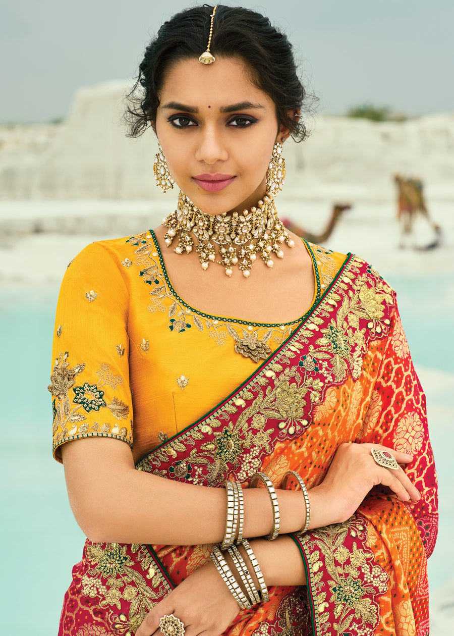 Yellow Orange & Red Multicolor Khaddi Georgette Embroidered Bandhani Saree