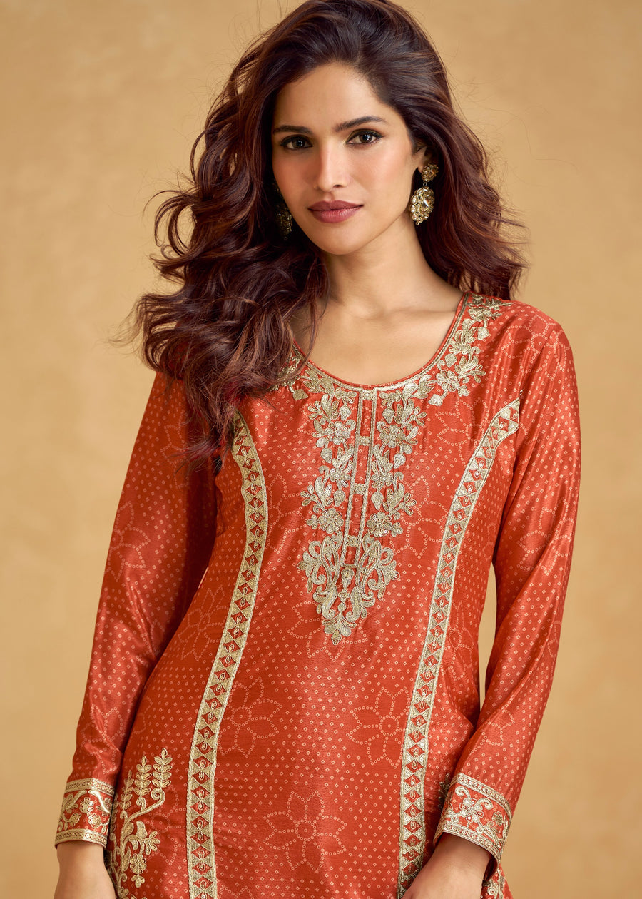 Designer Readymade Orange Chinon Silk Palazzo Suit Set