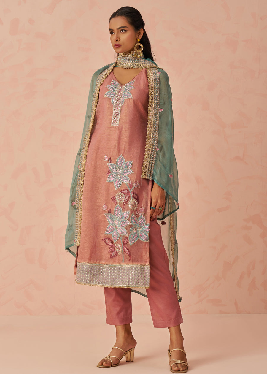 Peach Readymade Crushed Silk Pant Style Suit Set