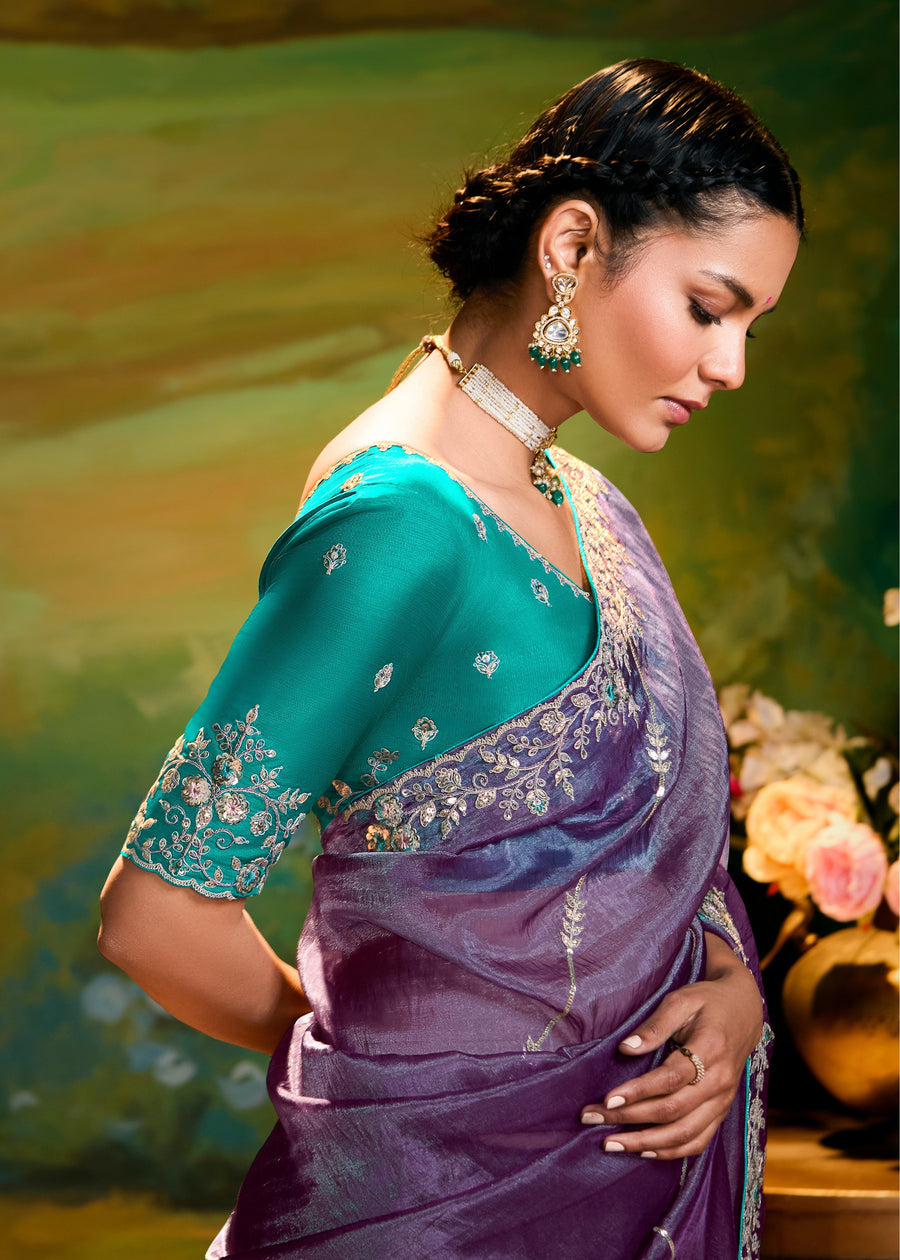 Crushed Satin Tissue Purple Embroidered Saree & Contrast Green Blouse