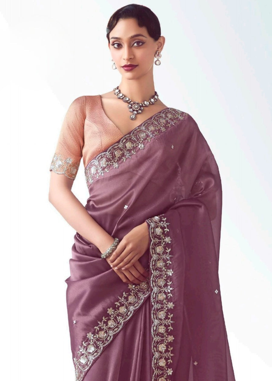 Mauve Purple Organza Tissue Silk Embroidered Saree with Peach Banarasi Blouse