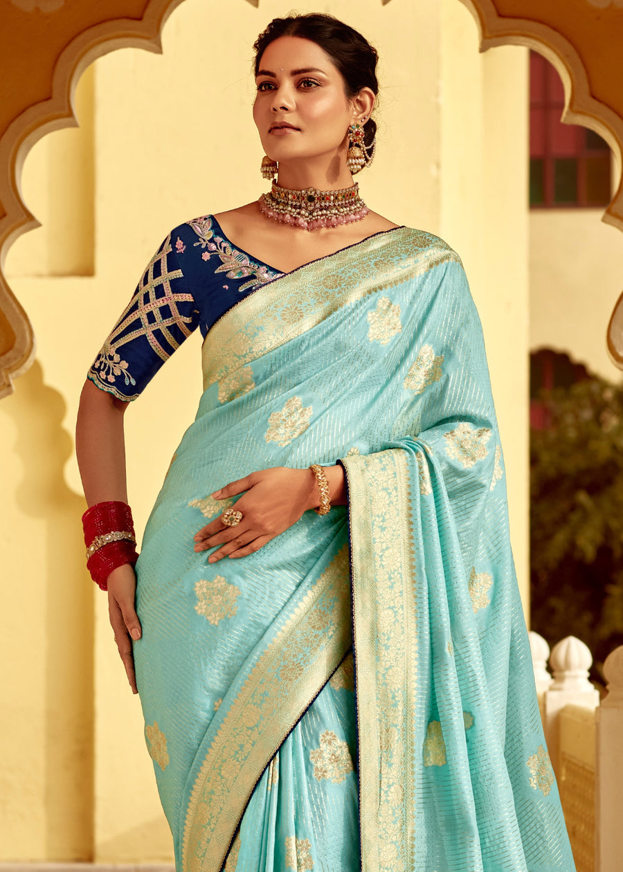 Dola Banarasi Silk Sky Blue Saree With Contrast Navy Embroidered Blouse