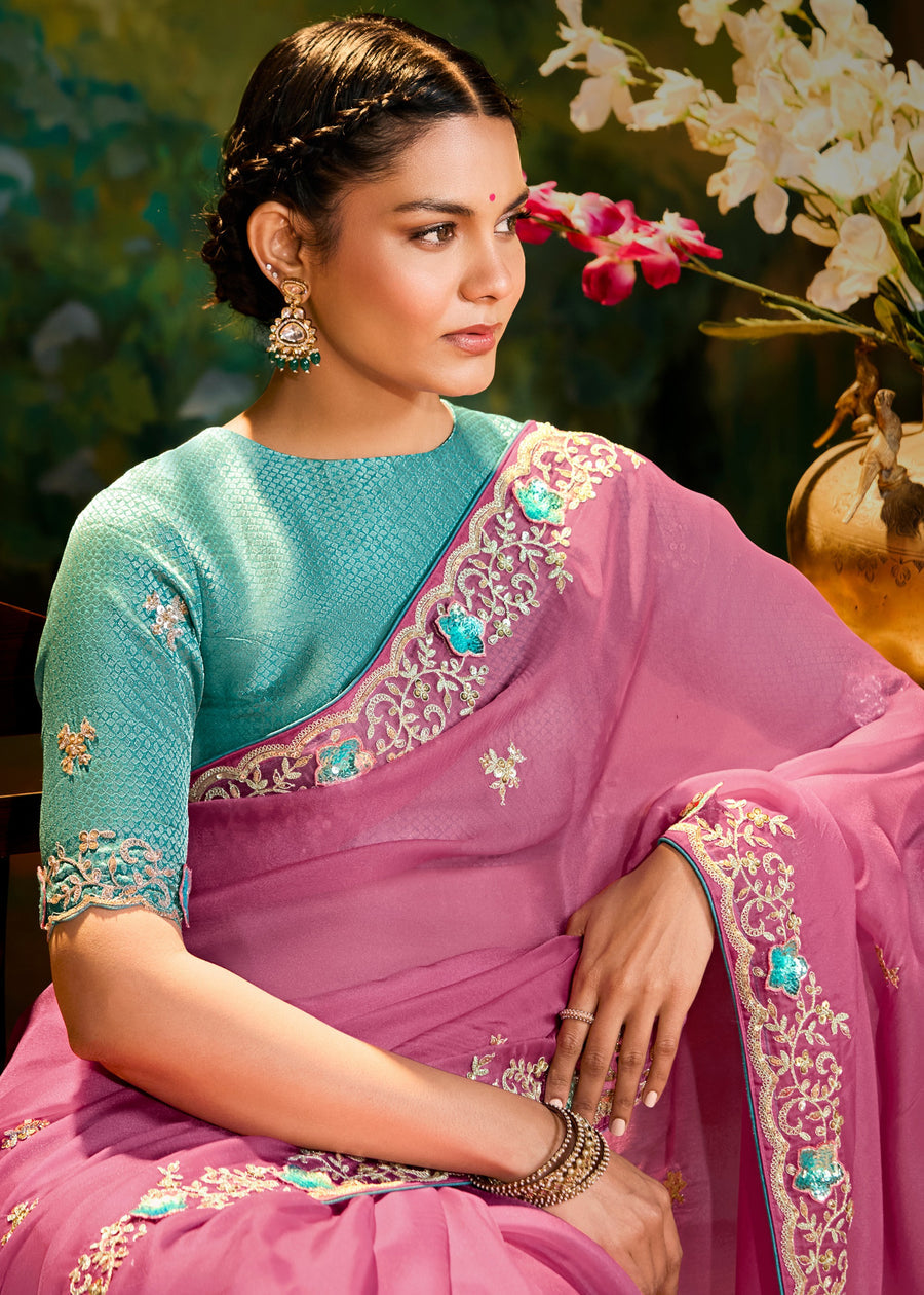 Satin Tissue Pink Embroidered Saree & Aqua Blue Banarasi Blouse